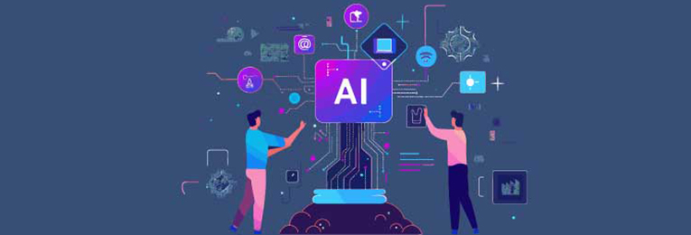 An illustrative image showing two people interacting with an AI application displayed on a large screen.